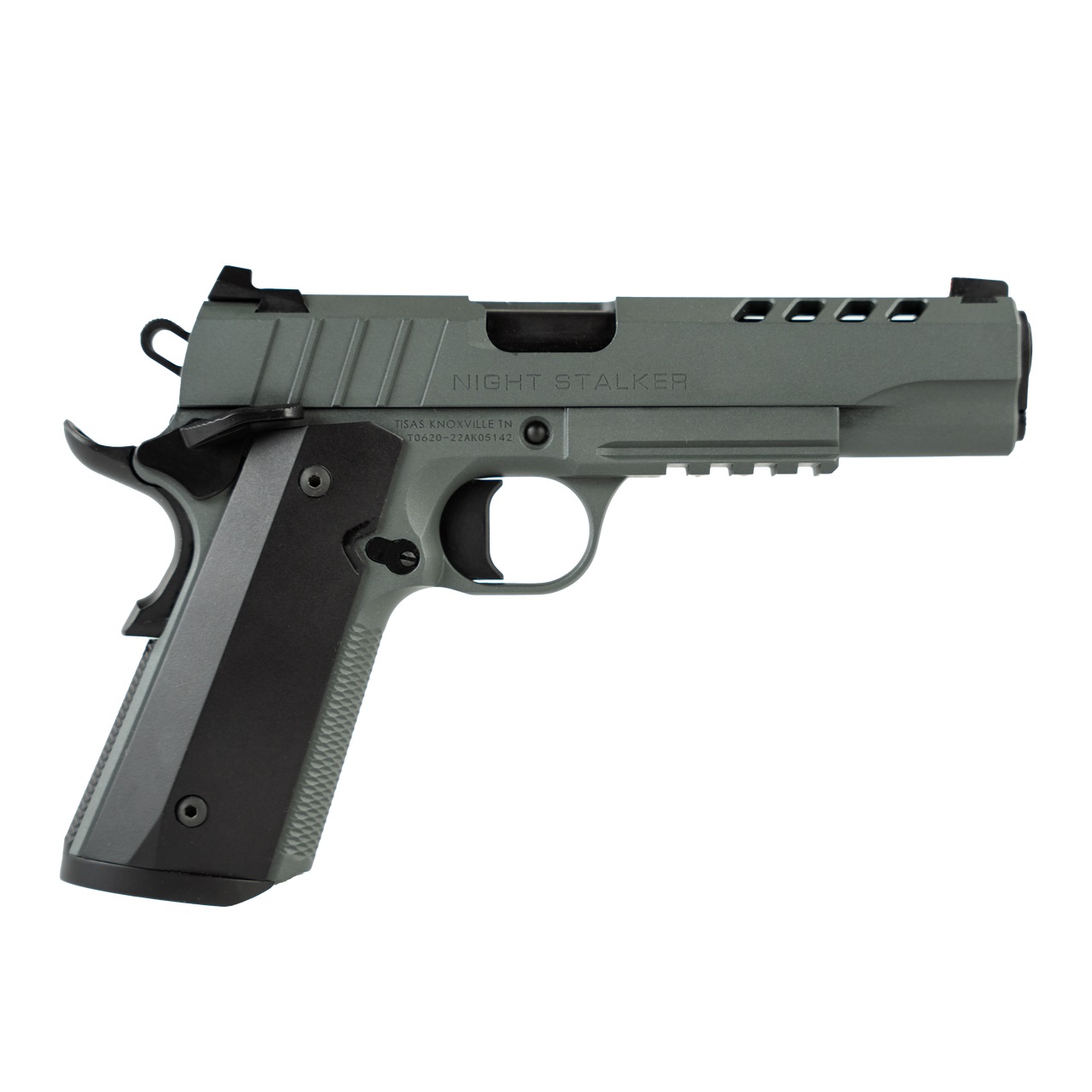 Two-tone 1911-style pistol on white background