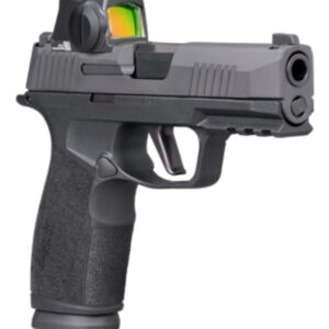 Black semi-automatic pistol with red dot sight
