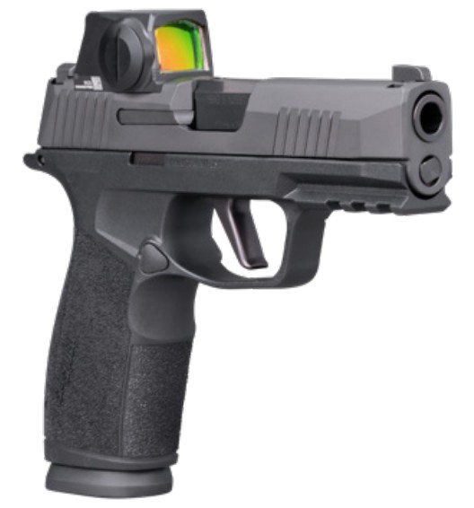 Black semi-automatic pistol with red dot sight