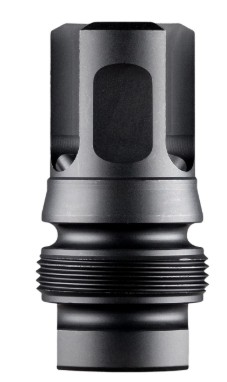 Black metal muzzle brake with threaded base