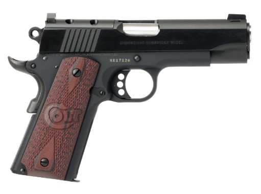 Black semi-automatic pistol with wooden grip