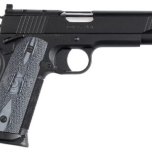 Black semi-automatic handgun on white background