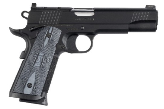 Black semi-automatic handgun on white background