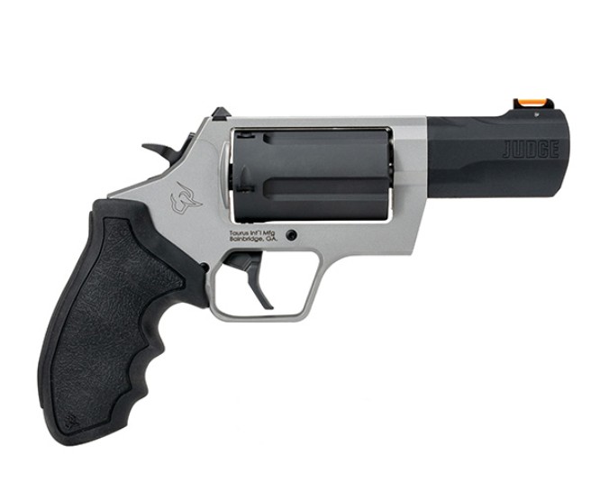 Silver and black revolver handgun on white background