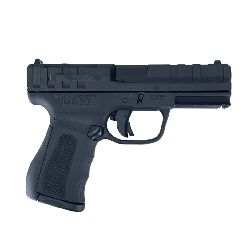 Black semi-automatic handgun on white background
