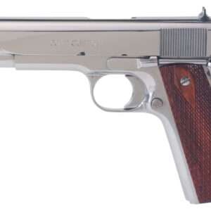Stainless Colt Custom 1911 pistol with wooden grips