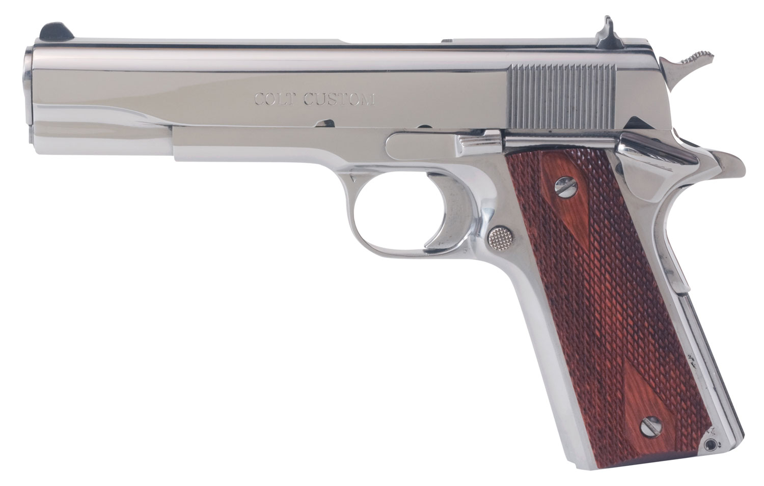 Stainless Colt Custom 1911 pistol with wooden grips