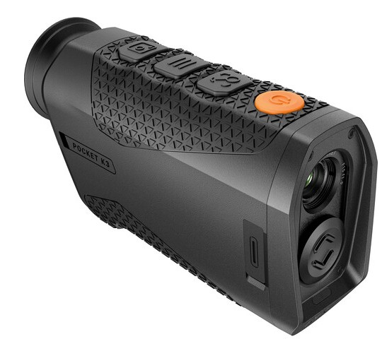 Handheld laser rangefinder with textured grip and buttons