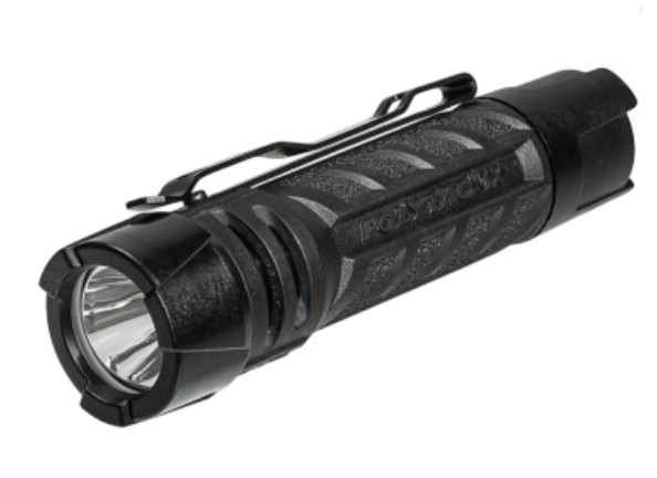 Black tactical flashlight with pocket clip