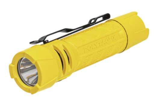 Yellow handheld flashlight with black pocket clip