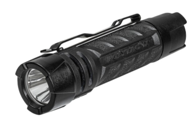 Black tactical LED flashlight with pocket clip