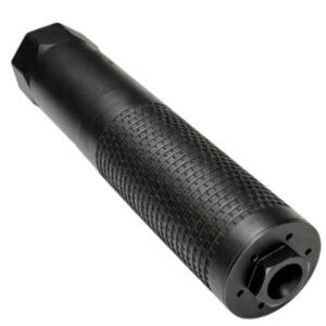 Black metal firearm suppressor with textured grip