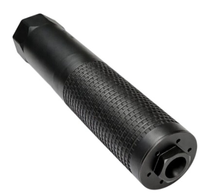 Black metal firearm suppressor with textured grip