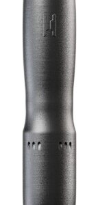 Black cylindrical metal flashlight on white background