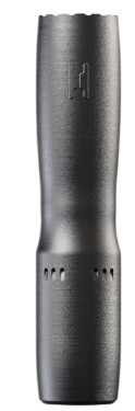 Black cylindrical metal flashlight on white background