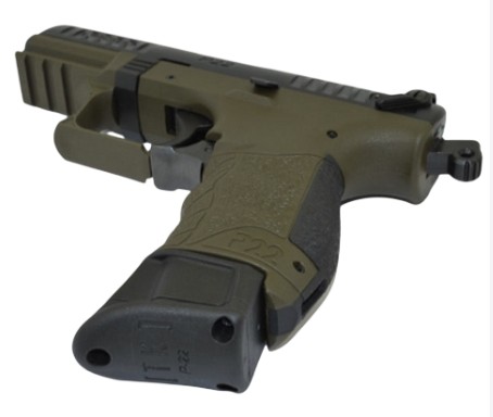 Olive green semi-automatic pistol with extended magazine