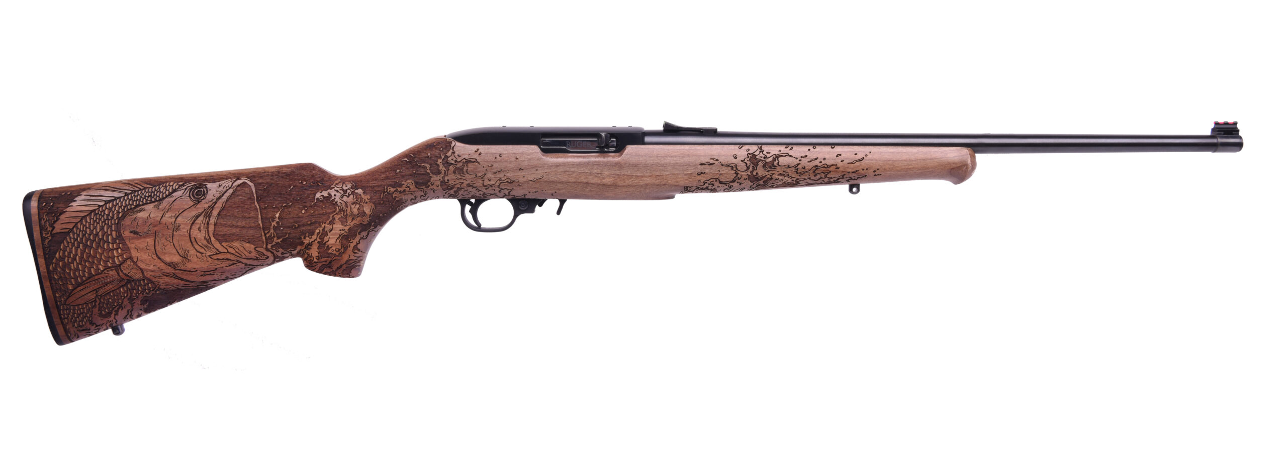 Wooden rifle with engraved fish design
