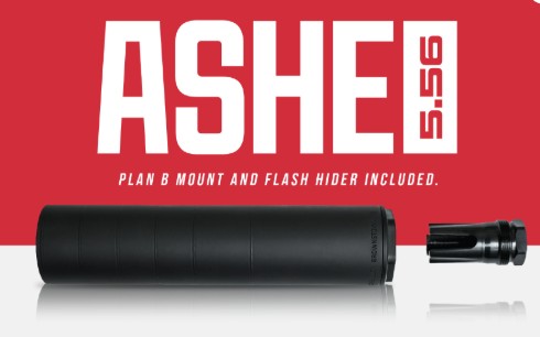 ASHE 5.56 rifle suppressor with mount and flash hider