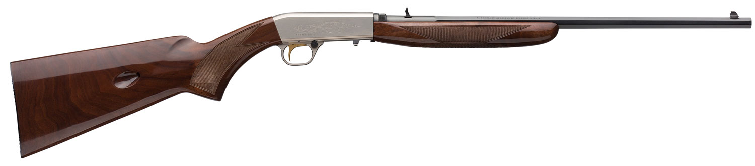 Wooden-stock shotgun with long metal barrel