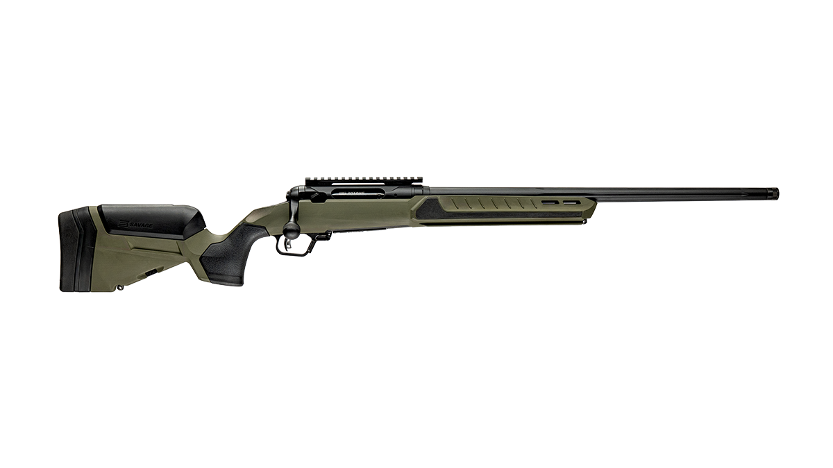 Bolt-action rifle with synthetic stock on white background