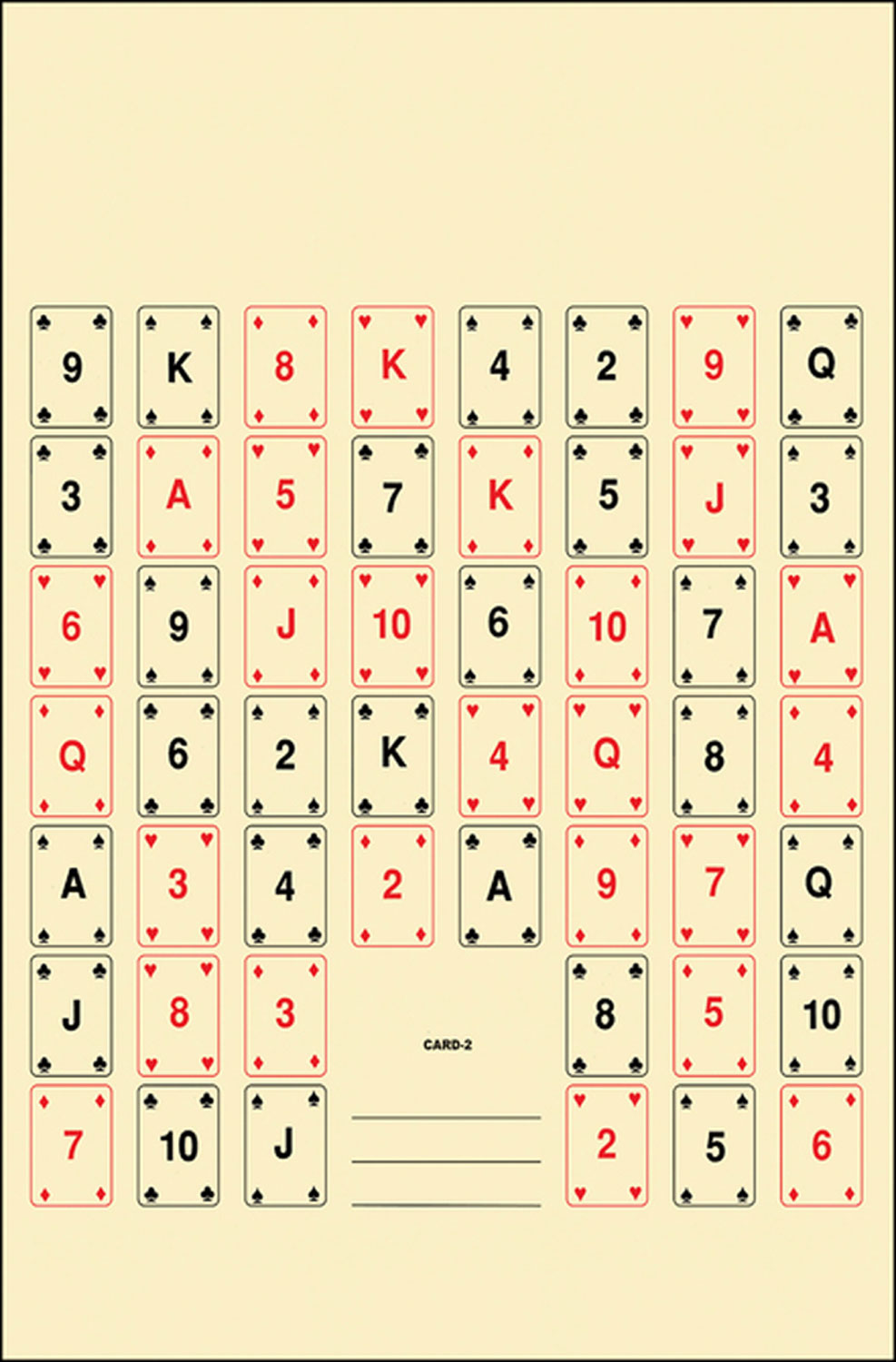 Grid of mixed playing cards on beige background