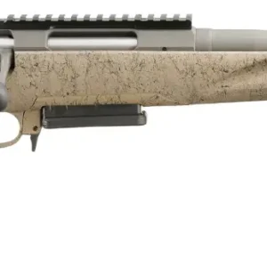 Bolt-action rifle with tan synthetic stock