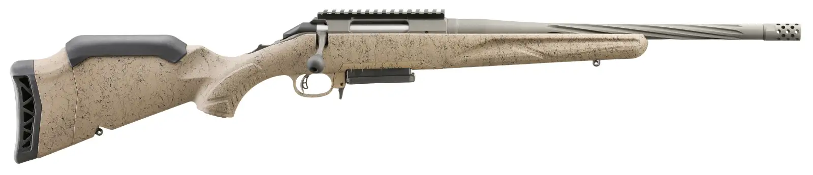 Bolt-action rifle with tan synthetic stock