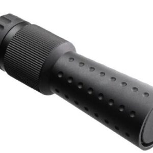 Black cylindrical firearm suppressor on white background