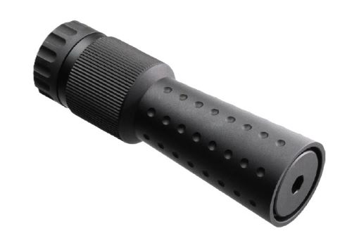 Black cylindrical firearm suppressor on white background