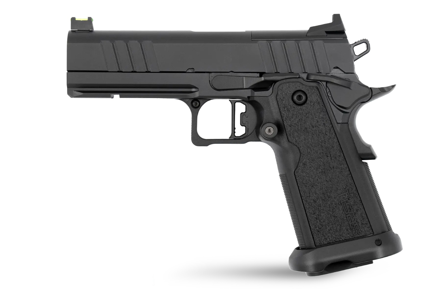 Black semi-automatic pistol on white background