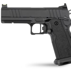 Black semi-automatic handgun on white background