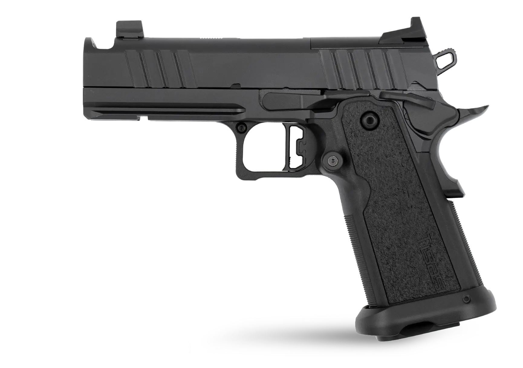 Black semi-automatic handgun isolated on white background