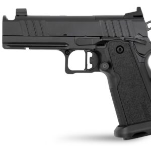 Black semi-automatic handgun on white background