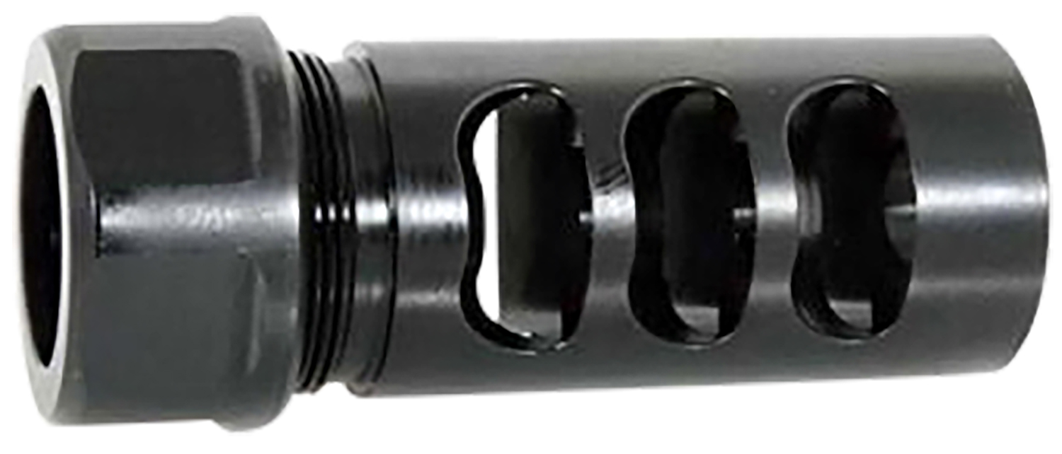 Black metal muzzle brake with side ports