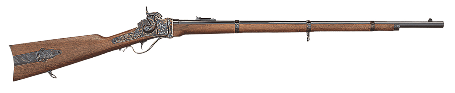 Antique wooden rifle with long metal barrel