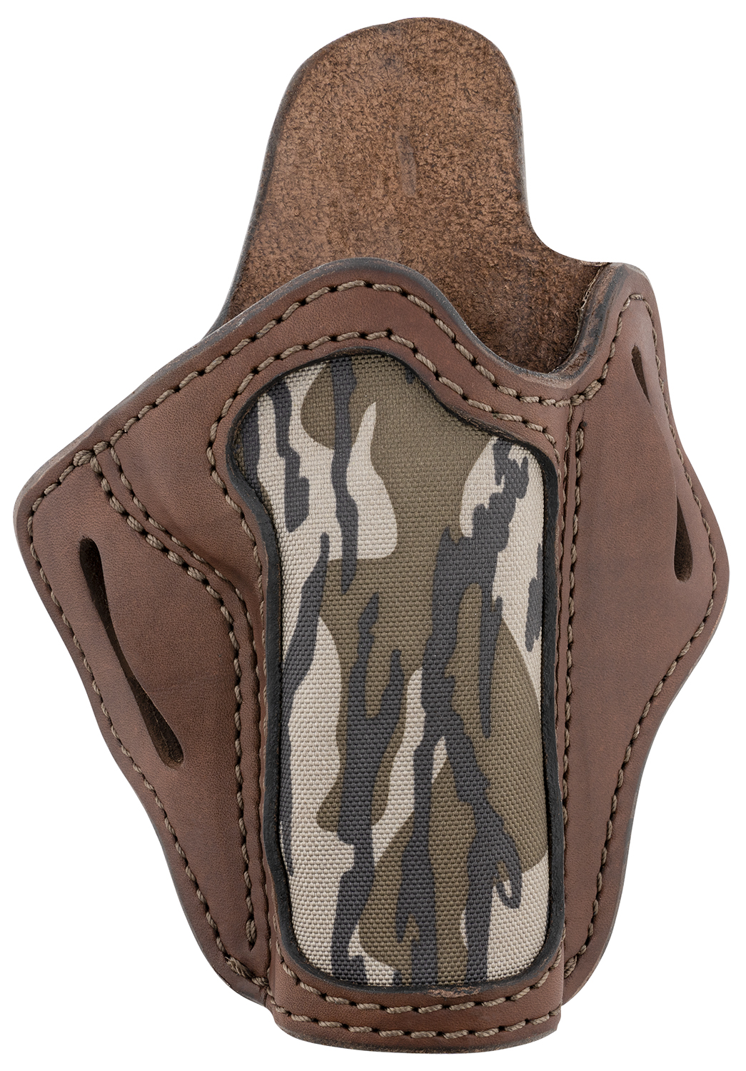 Brown leather holster with camouflage fabric panel