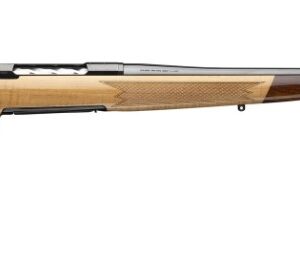 Bolt-action rifle with wooden stock on white background