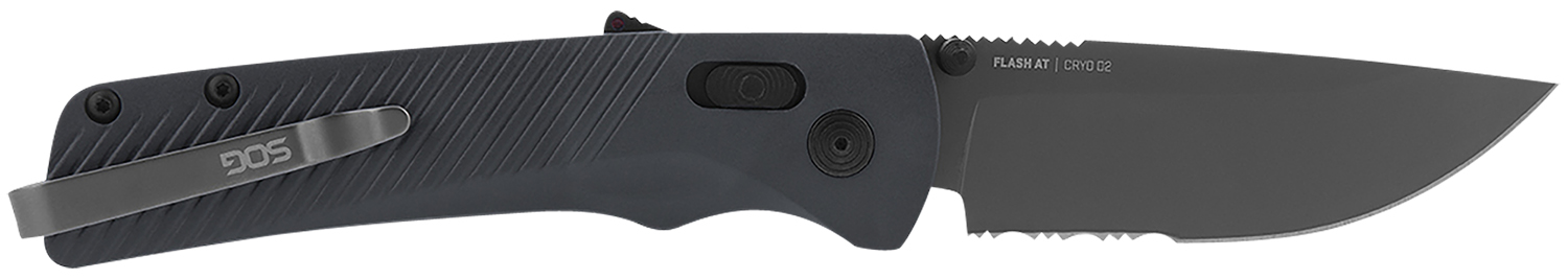 Black folding knife with partially serrated blade