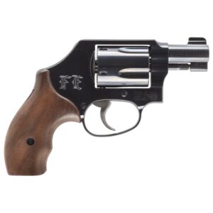 Close-up of Smith & Wesson revolver with wooden grip