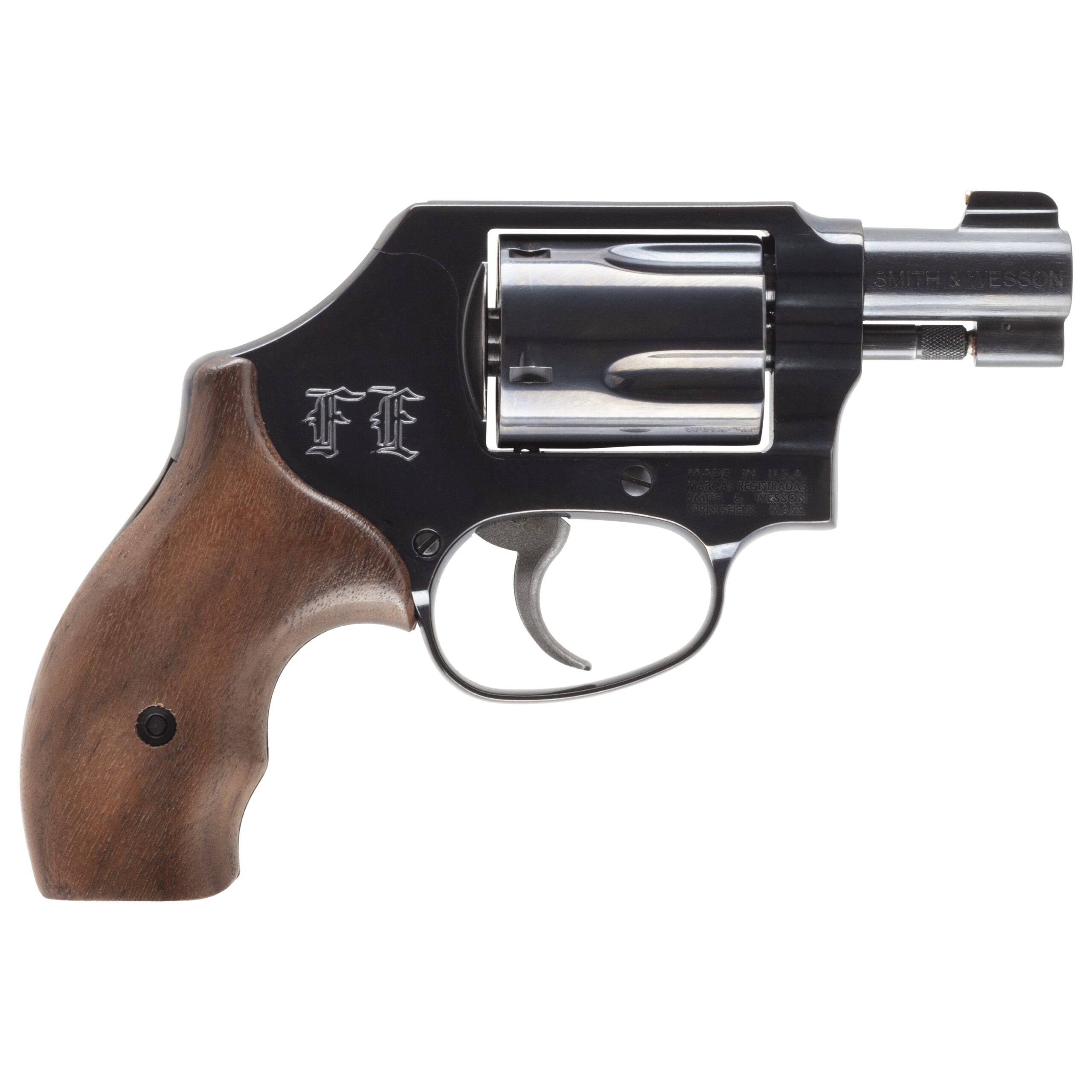 Close-up of Smith & Wesson revolver with wooden grip