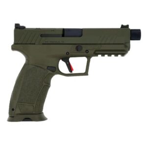 Olive green semi-automatic pistol on white background