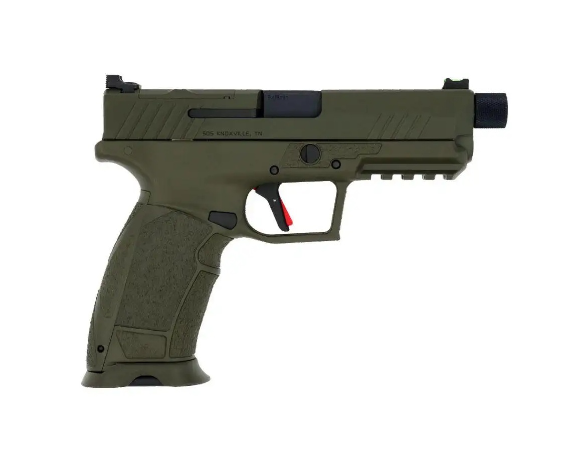 Olive green semi-automatic pistol on white background