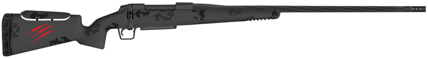 Black camouflage bolt-action rifle with red claw marks