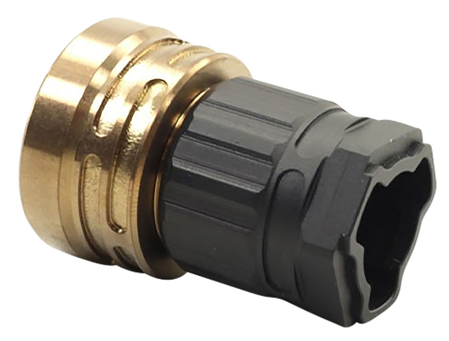 Brass and black plastic plumbing connector fitting