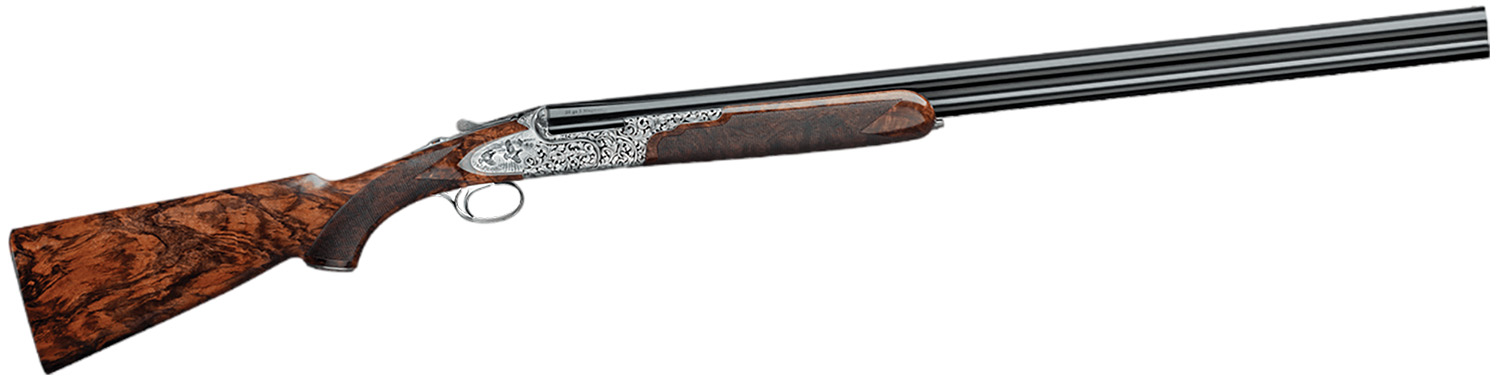 Ornate double-barrel shotgun with wooden stock