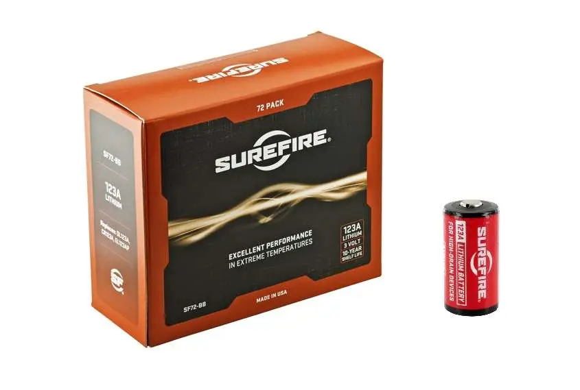 SureFire 123A lithium batteries 72-pack box and cell