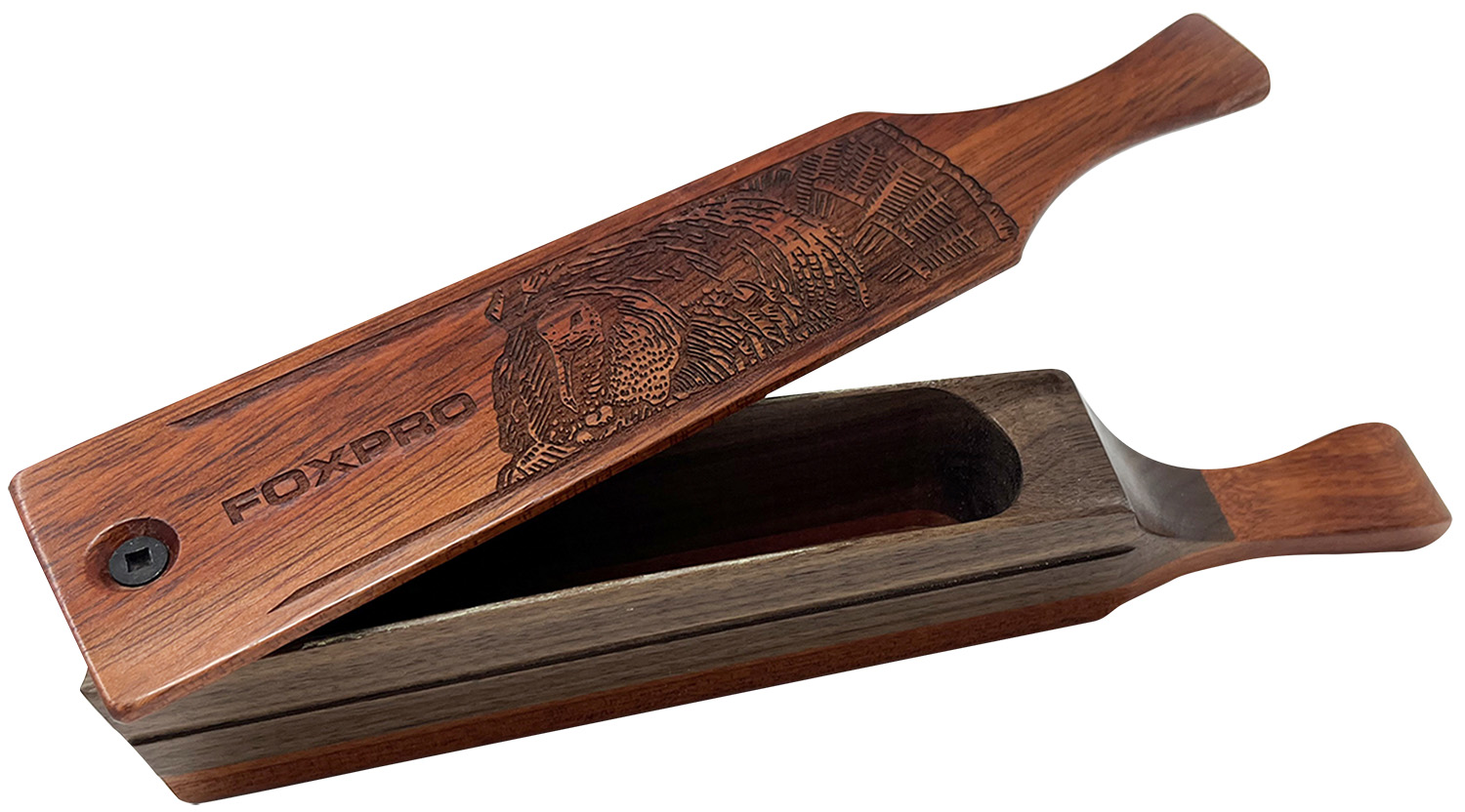 Wooden turkey box call with engraved turkey