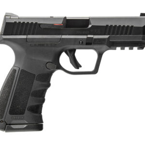 Black semi-automatic handgun on white background