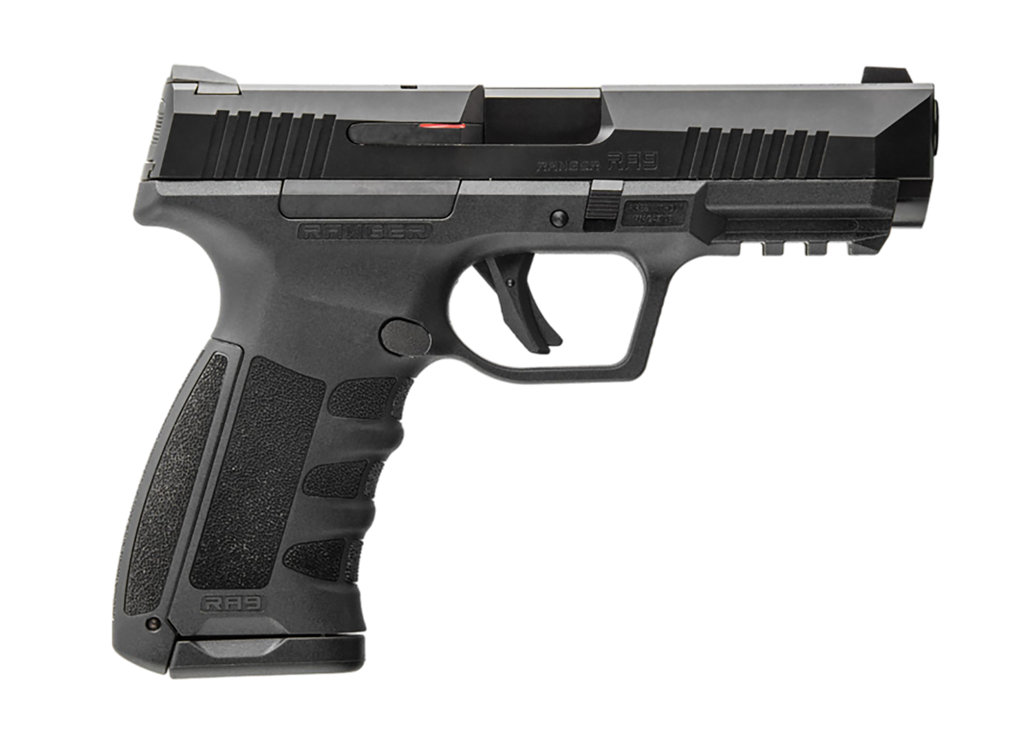 Black semi-automatic handgun on white background