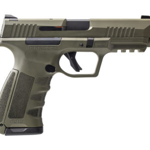Olive green semi-automatic handgun on white background